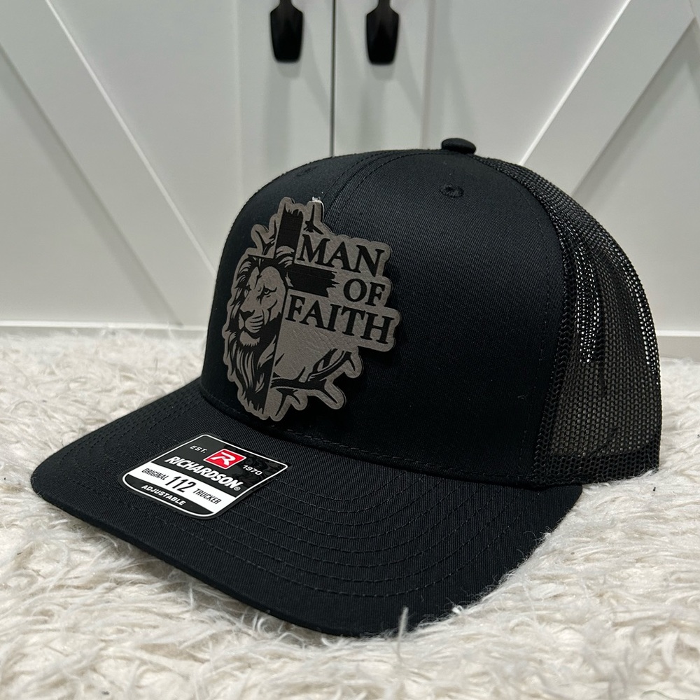 Man of faith laser engraved trucker Richardson 112 hat.